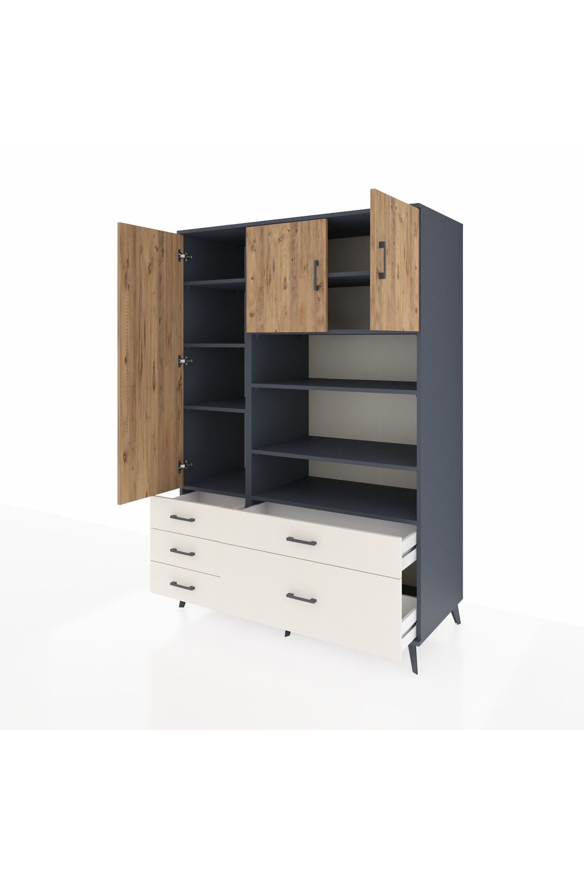 Kronos Dolap 9 Raflı 5 Çekmeceli 3 Kapaklı 132x59x195 Antrasit-Çam/Aytaşı