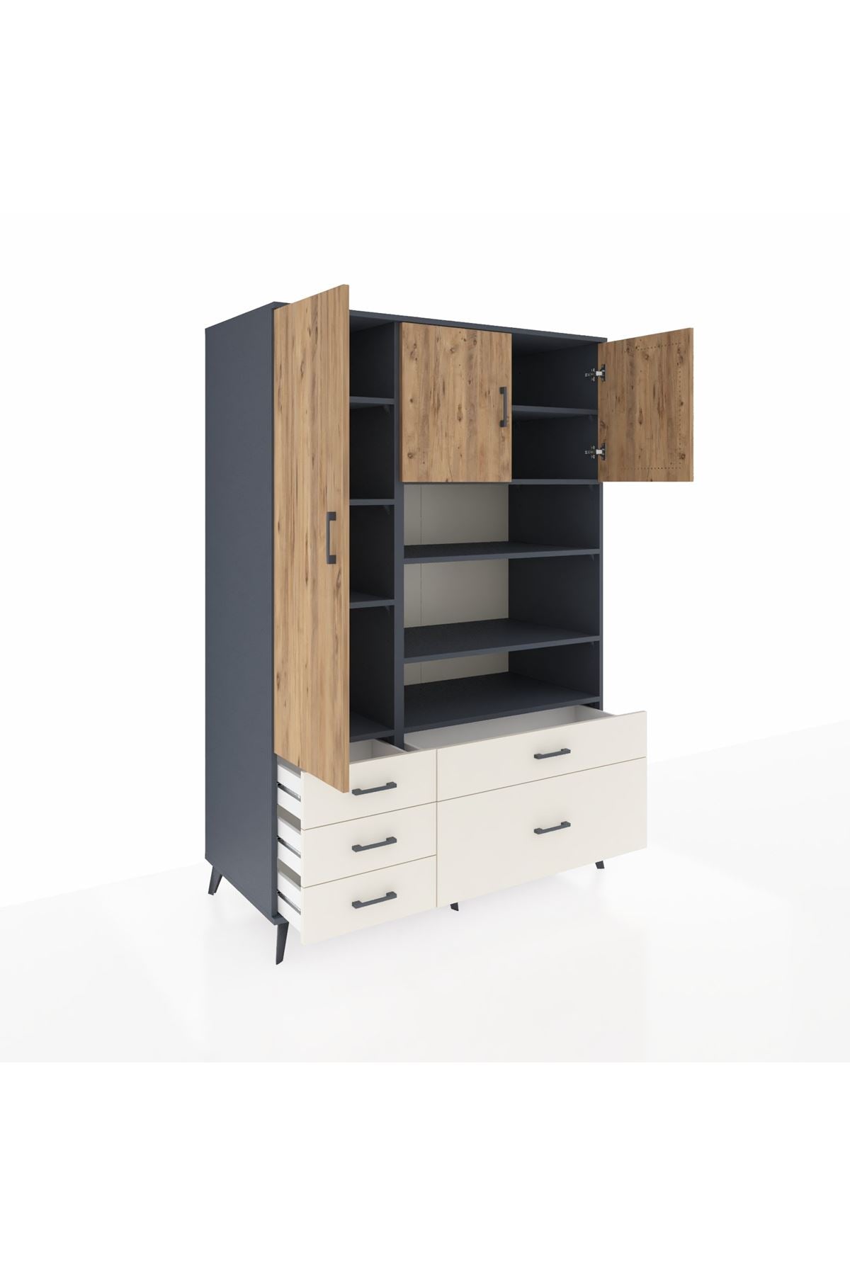 Kronos Dolap 9 Raflı 5 Çekmeceli 3 Kapaklı 132x59x195 Antrasit-Çam/Aytaşı