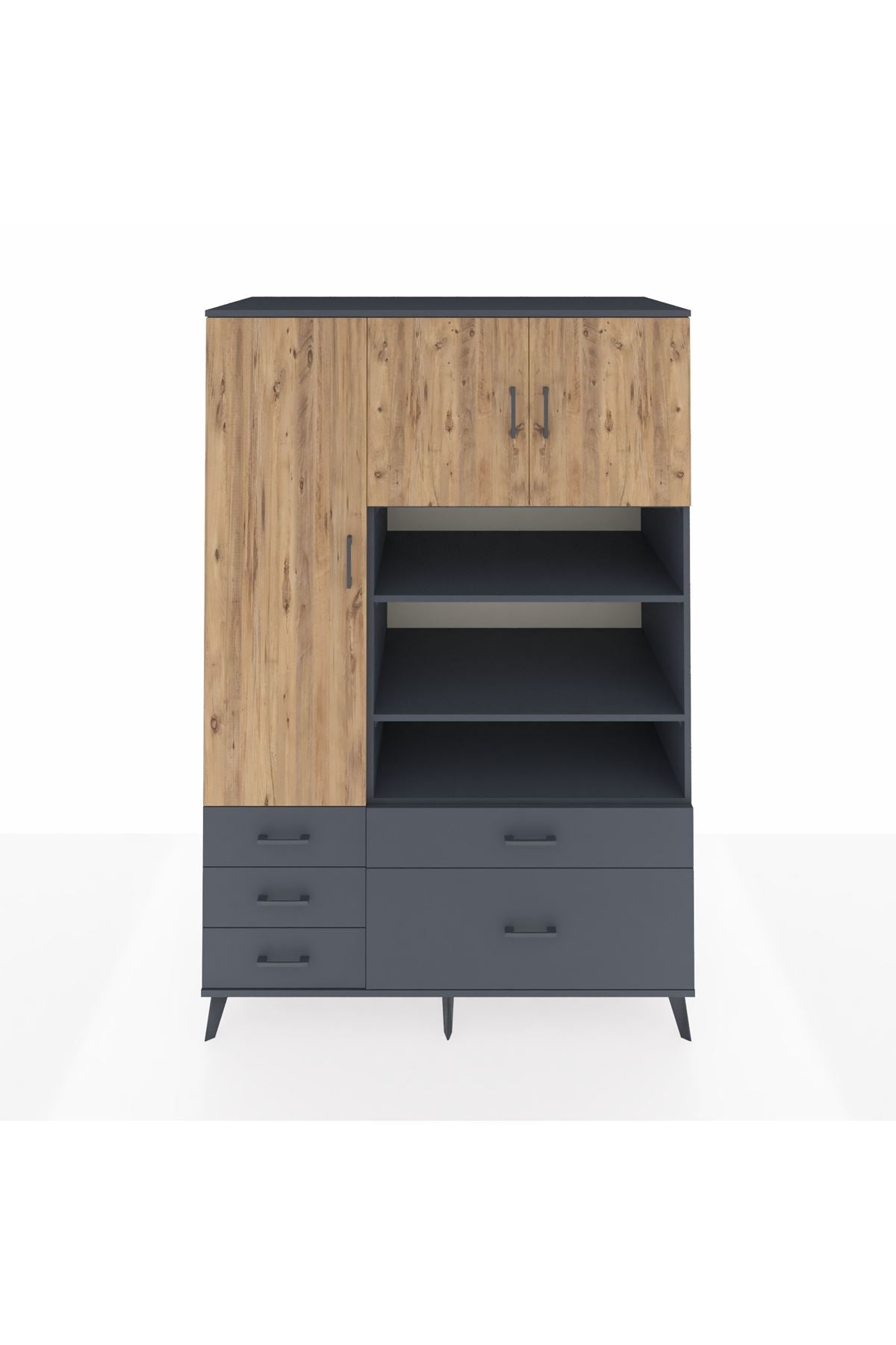 Kronos Dolap 9 Raflı 5 Çekmeceli 3 Kapaklı 132x59x195 Antrasit-Çam/Antrasit
