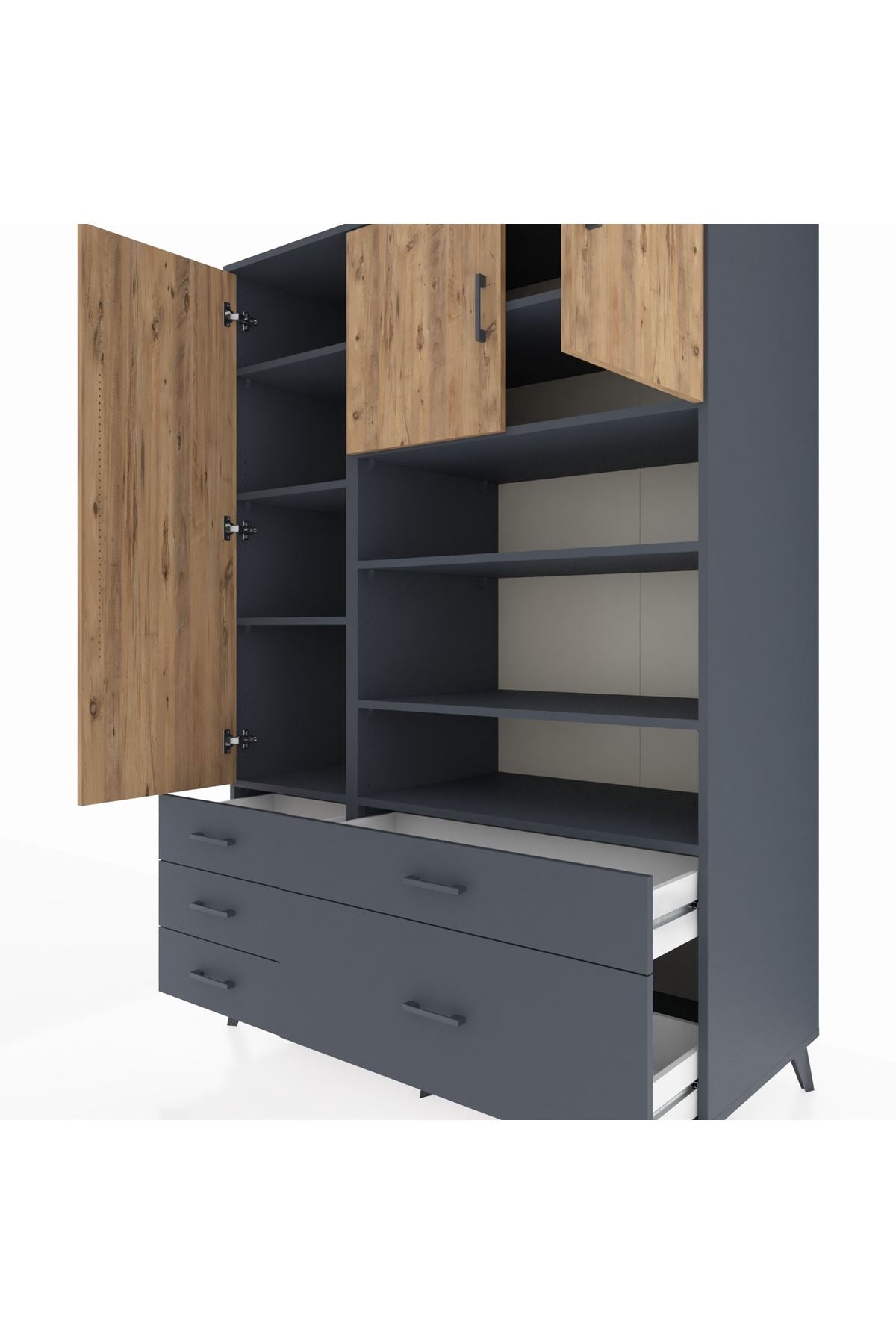 Kronos Dolap 9 Raflı 5 Çekmeceli 3 Kapaklı 132x59x195 Antrasit-Çam/Antrasit