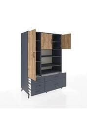 Kronos Dolap 9 Raflı 5 Çekmeceli 3 Kapaklı 132x59x195 Antrasit-Çam/Antrasit