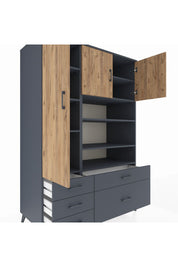 Kronos Dolap 9 Raflı 5 Çekmeceli 3 Kapaklı 132x59x195 Antrasit-Çam/Antrasit