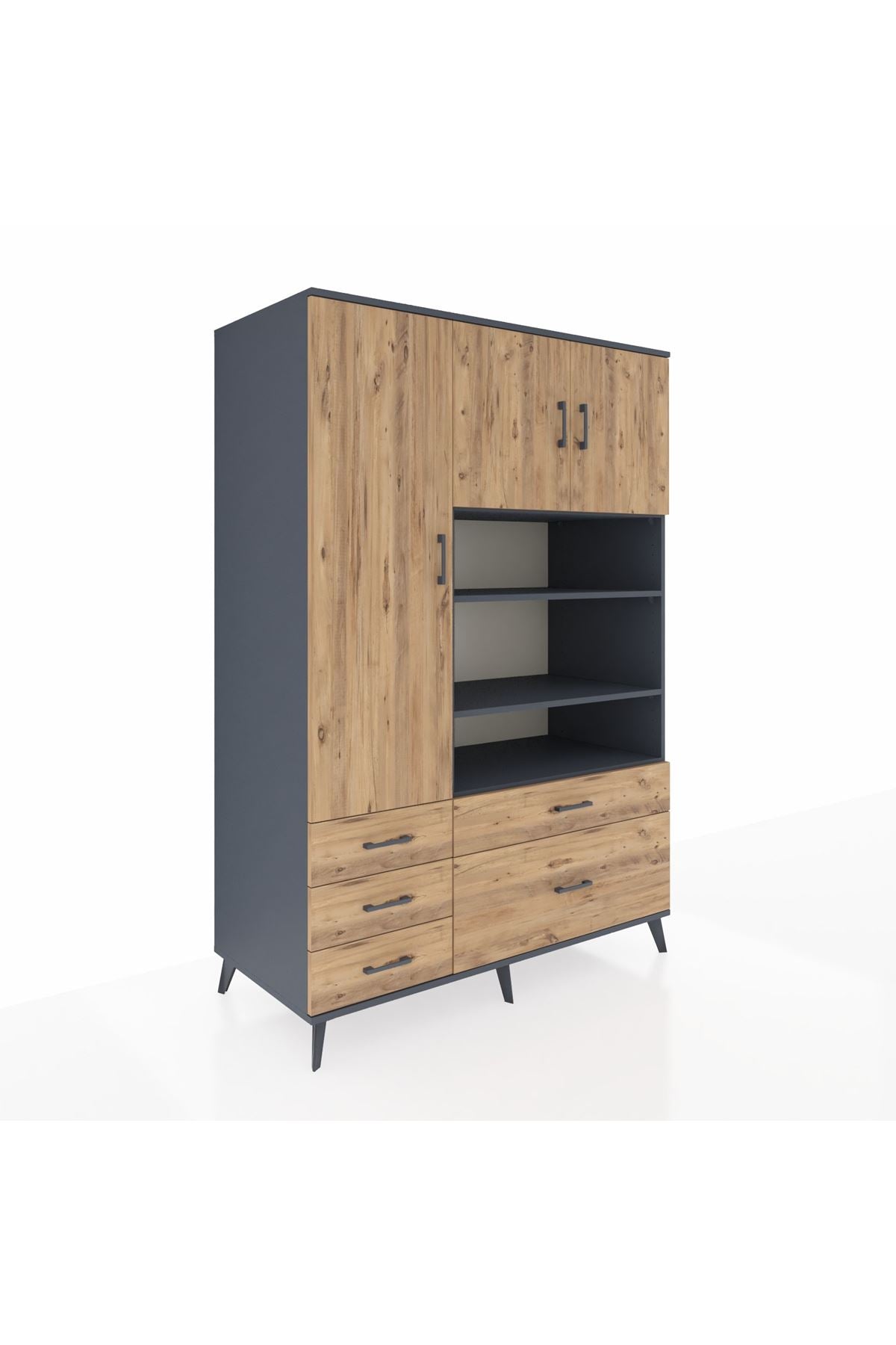 Kronos Dolap 9 Raflı 5 Çekmeceli 3 Kapaklı 132x59x195 Antrasit-Çam/Çam