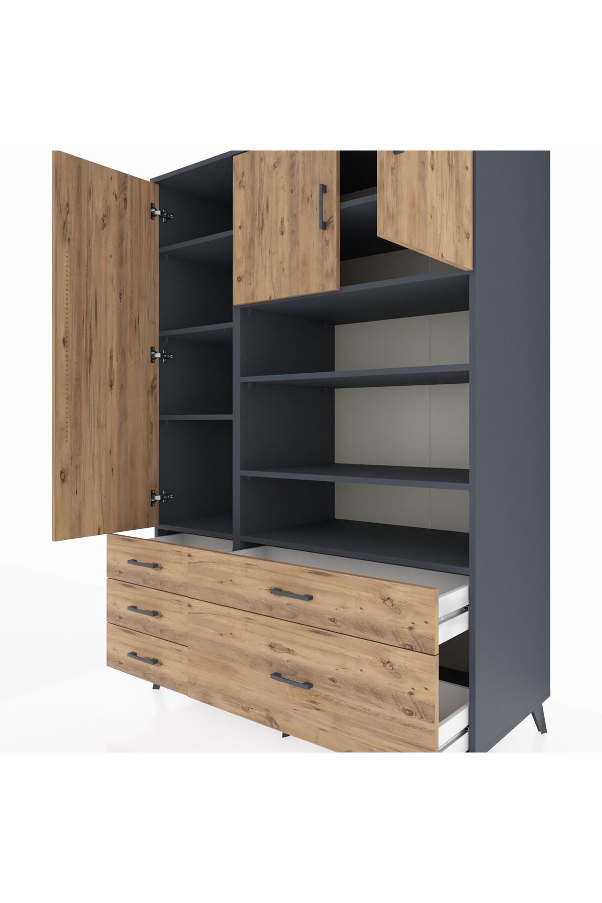 Kronos Dolap 9 Raflı 5 Çekmeceli 3 Kapaklı 132x59x195 Antrasit-Çam/Çam