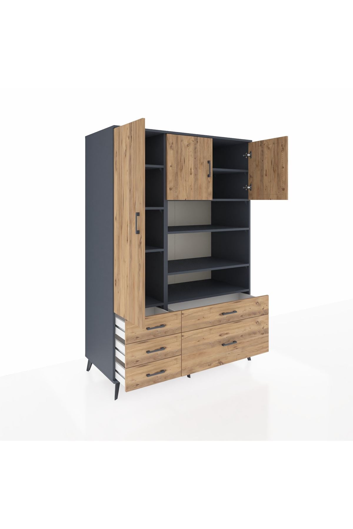 Kronos Dolap 9 Raflı 5 Çekmeceli 3 Kapaklı 132x59x195 Antrasit-Çam/Çam
