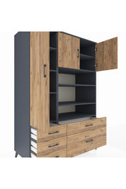 Kronos Dolap 9 Raflı 5 Çekmeceli 3 Kapaklı 132x59x195 Antrasit-Çam/Çam