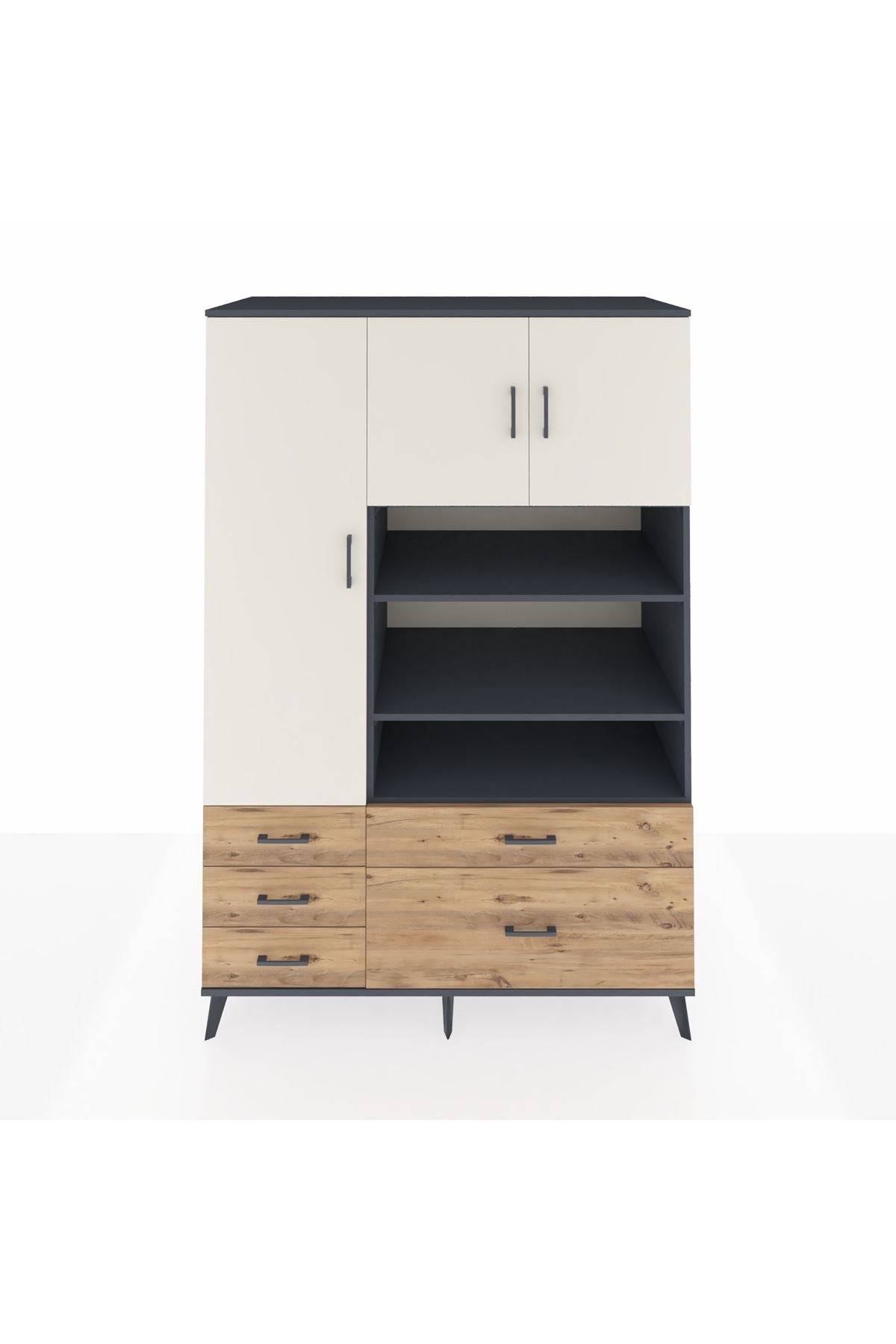 Kronos Dolap 9 Raflı 5 Çekmeceli 3 Kapaklı 132x59x195 Antrasit-Aytaşı/Çam