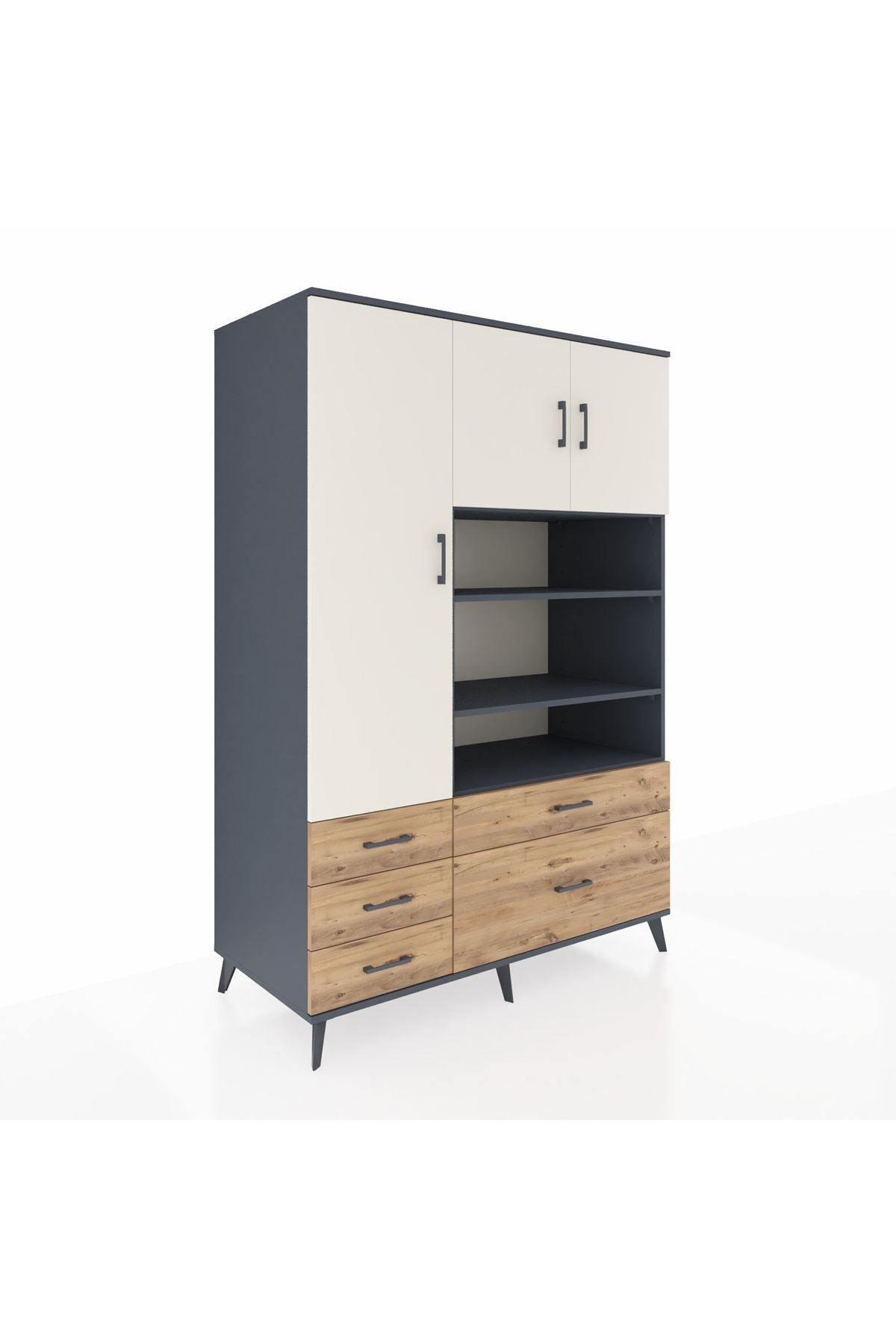 Kronos Dolap 9 Raflı 5 Çekmeceli 3 Kapaklı 132x59x195 Antrasit-Aytaşı/Çam