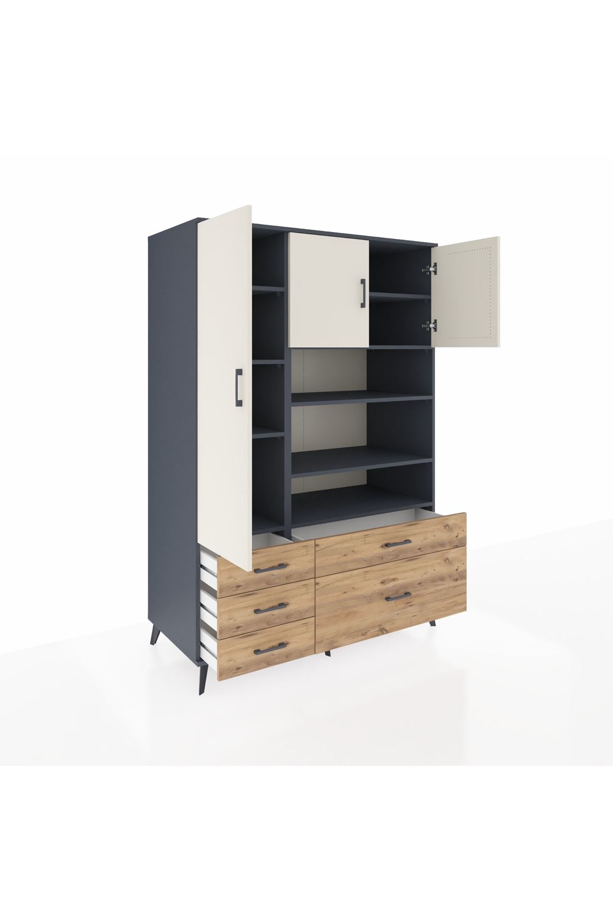 Kronos Dolap 9 Raflı 5 Çekmeceli 3 Kapaklı 132x59x195 Antrasit-Aytaşı/Çam