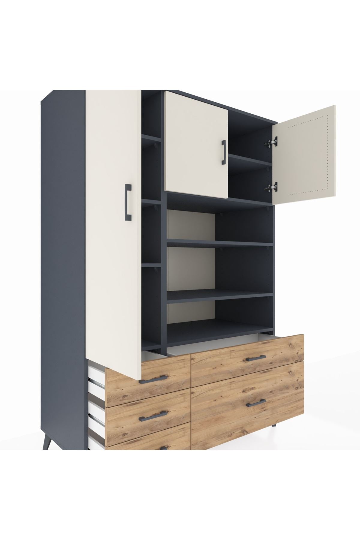 Kronos Dolap 9 Raflı 5 Çekmeceli 3 Kapaklı 132x59x195 Antrasit-Aytaşı/Çam