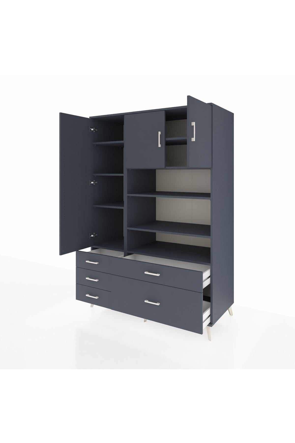 Kronos Dolap 9 Raflı 5 Çekmeceli 3 Kapaklı 132x59x195 Antrasit-Antrasit/Antrasit