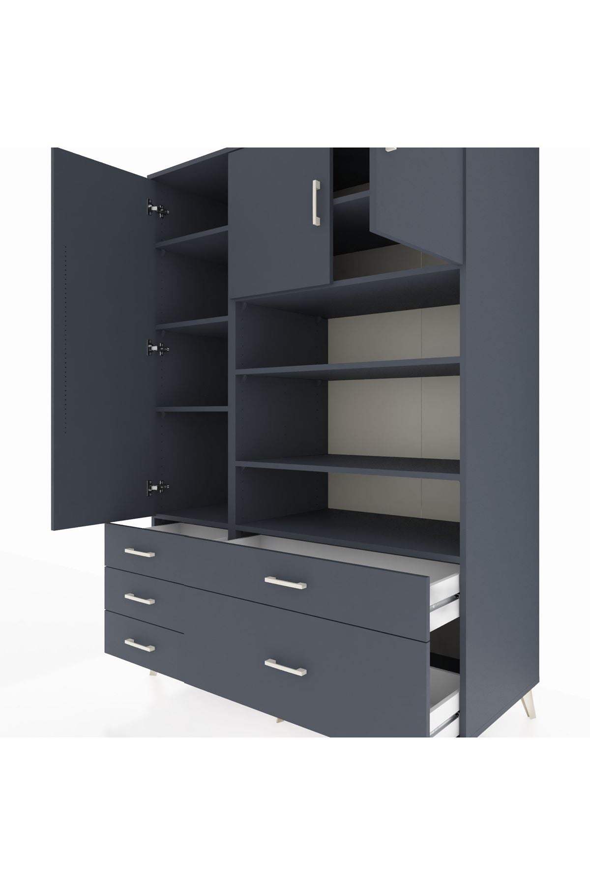 Kronos Dolap 9 Raflı 5 Çekmeceli 3 Kapaklı 132x59x195 Antrasit-Antrasit/Antrasit