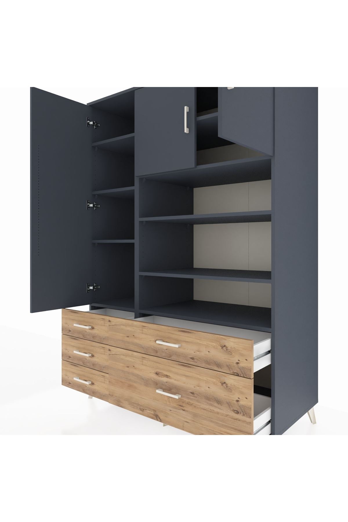 Kronos Dolap 9 Raflı 5 Çekmeceli 3 Kapaklı 132x59x195 Antrasit-Antrasit/Çam