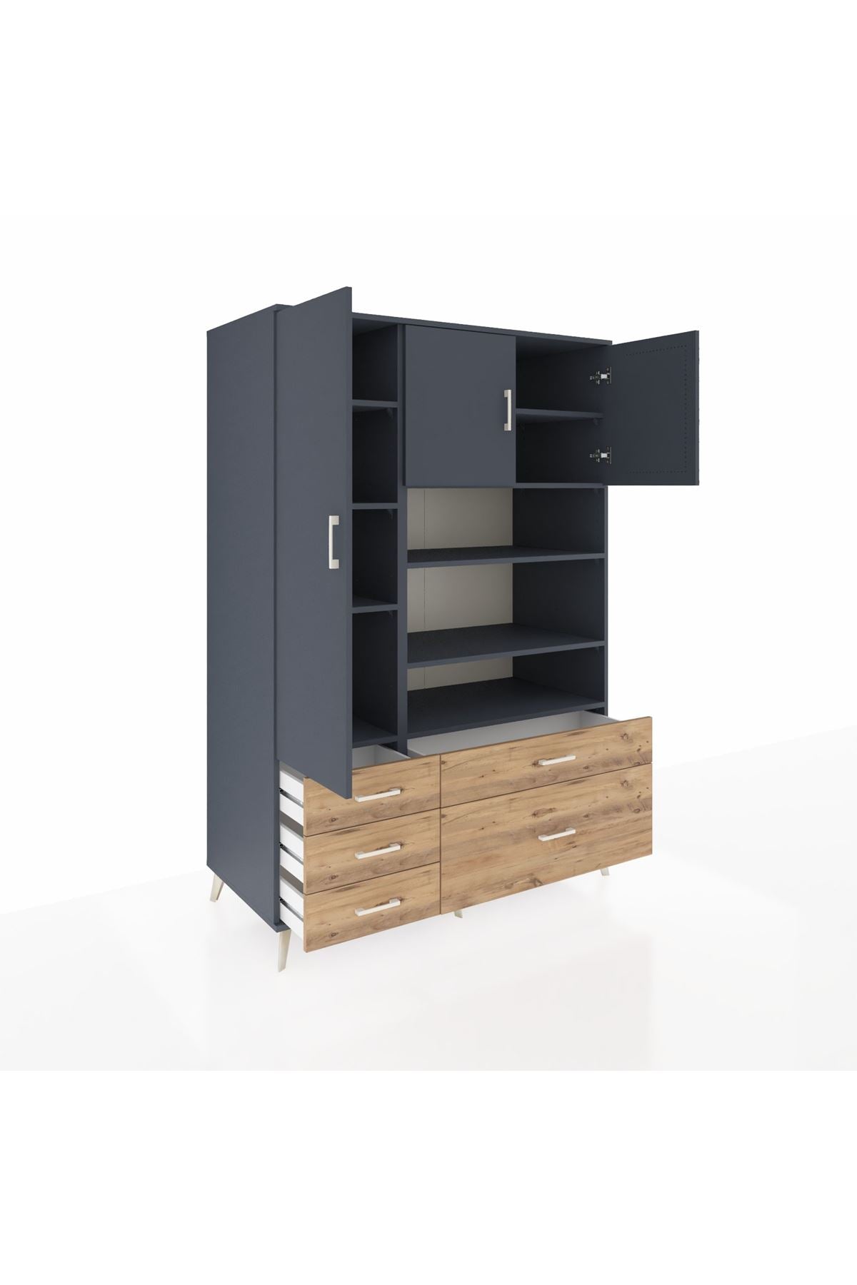 Kronos Dolap 9 Raflı 5 Çekmeceli 3 Kapaklı 132x59x195 Antrasit-Antrasit/Çam