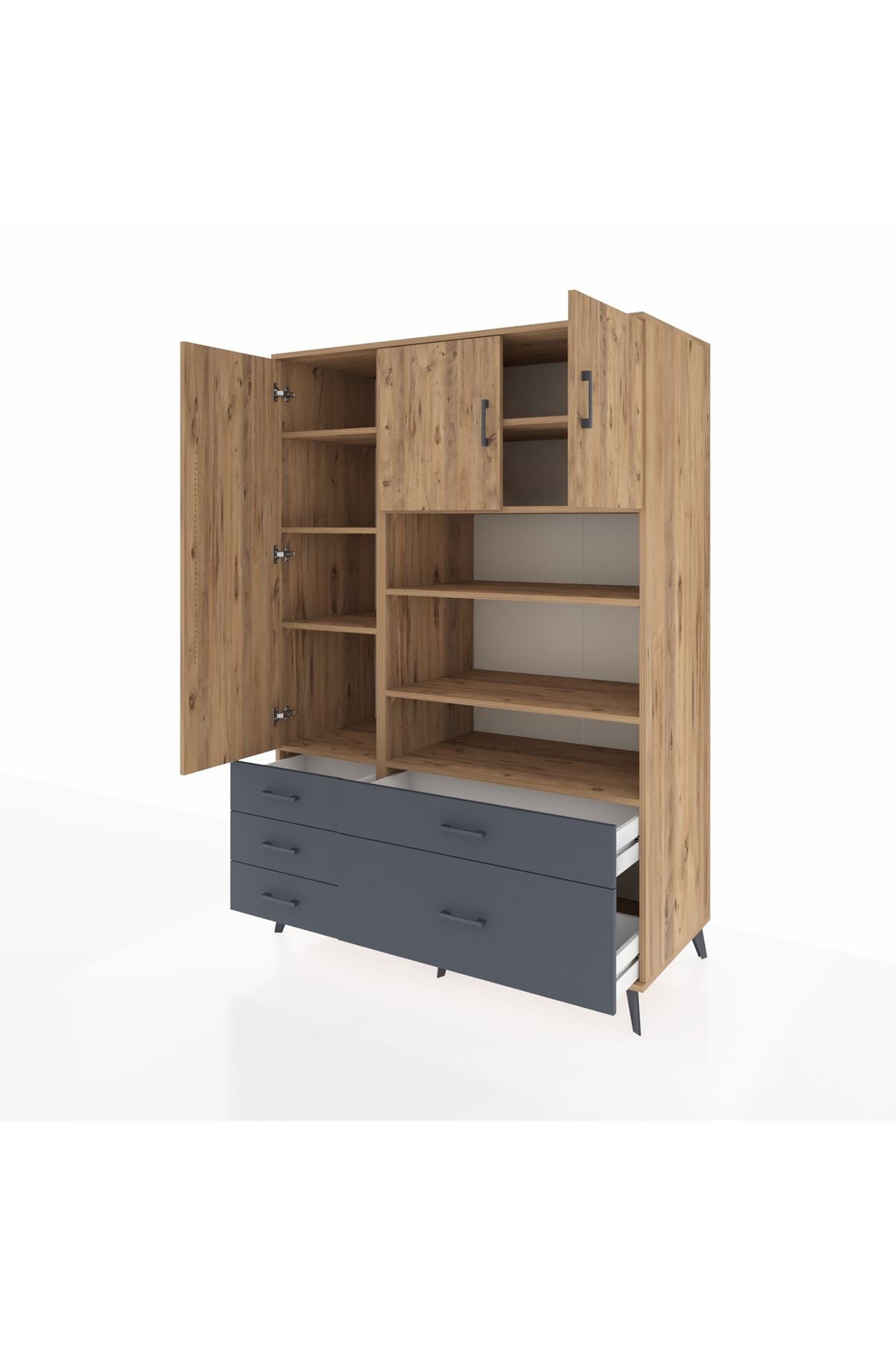 Kronos Dolap 9 Raflı 5 Çekmeceli 3 Kapaklı 132x59x195 Çam-Çam/Antrasit