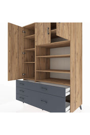 Kronos Dolap 9 Raflı 5 Çekmeceli 3 Kapaklı 132x59x195 Çam-Çam/Antrasit