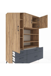 Kronos Dolap 9 Raflı 5 Çekmeceli 3 Kapaklı 132x59x195 Çam-Çam/Antrasit