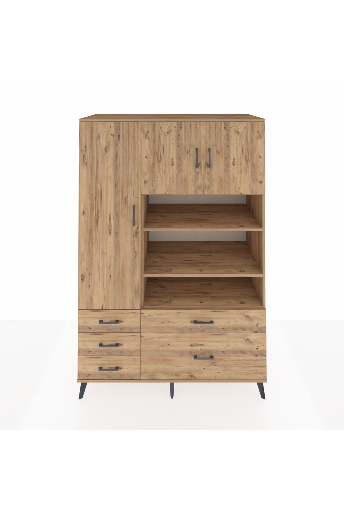 Kronos Dolap 9 Raflı 5 Çekmeceli 3 Kapaklı 132x59x195 Çam-Çam/Çam