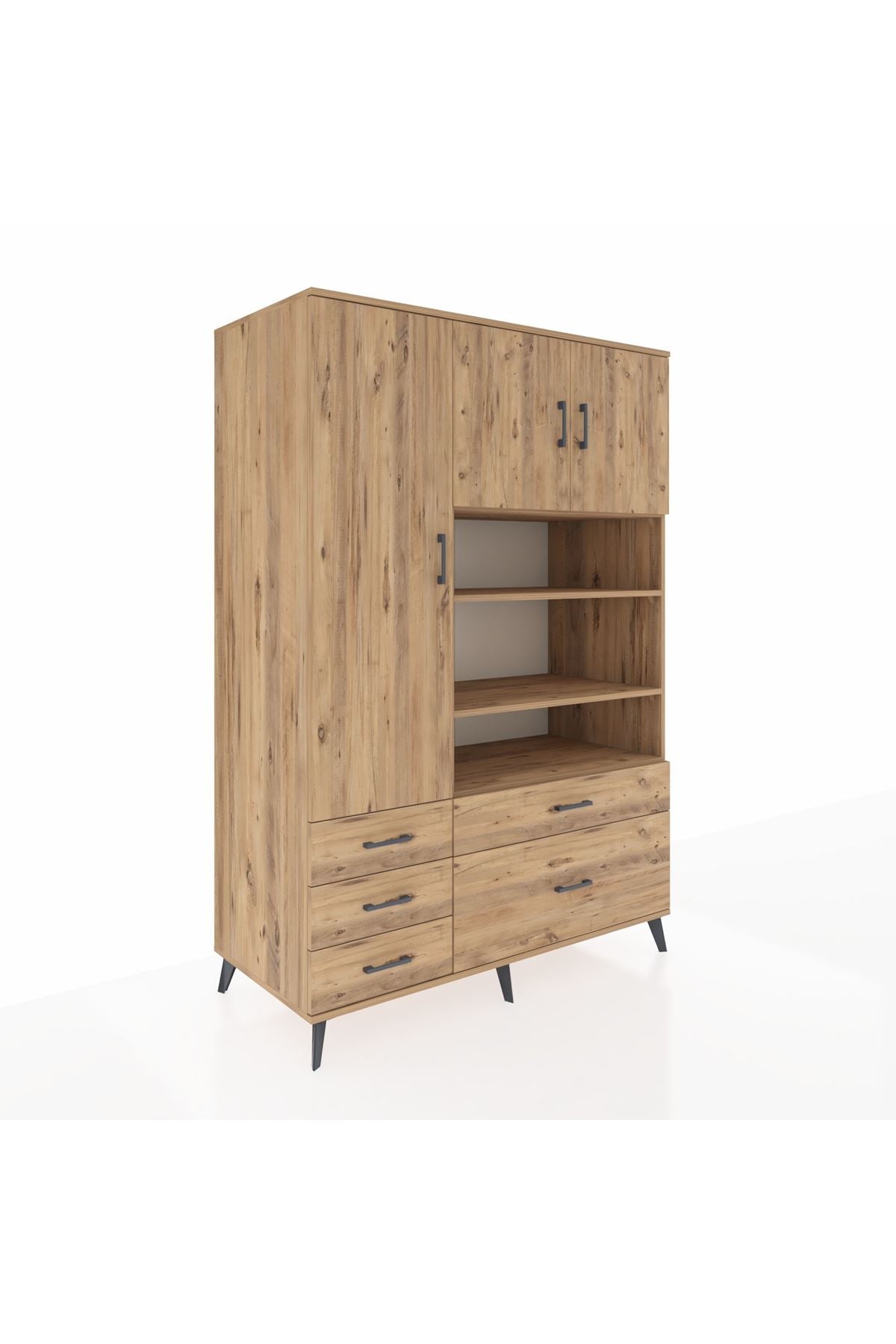 Kronos Dolap 9 Raflı 5 Çekmeceli 3 Kapaklı 132x59x195 Çam-Çam/Çam