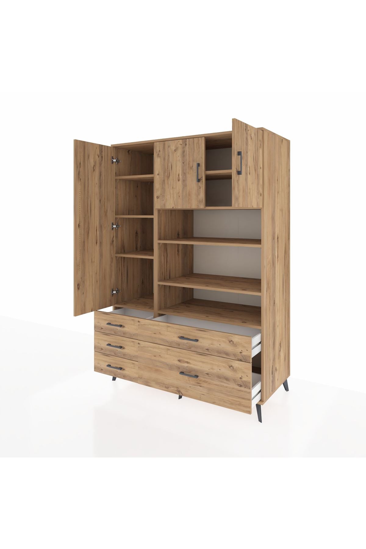 Kronos Dolap 9 Raflı 5 Çekmeceli 3 Kapaklı 132x59x195 Çam-Çam/Çam