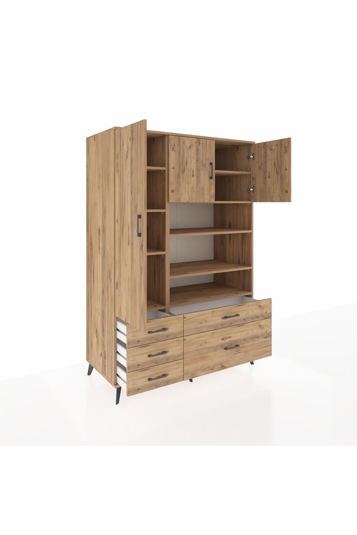 Kronos Dolap 9 Raflı 5 Çekmeceli 3 Kapaklı 132x59x195 Çam-Çam/Çam