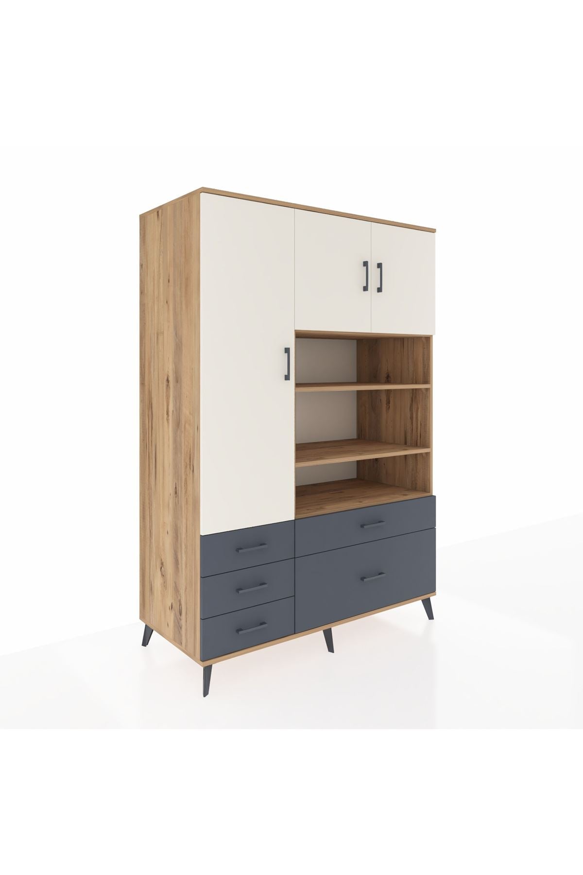 Kronos Dolap 9 Raflı 5 Çekmeceli 3 Kapaklı 132x59x195 Çam-Aytaşı/Antrasit