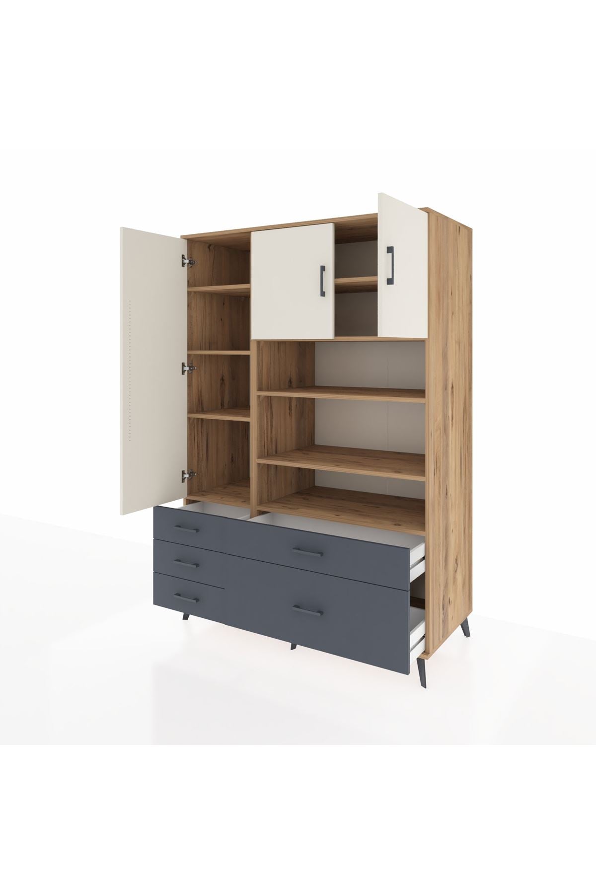 Kronos Dolap 9 Raflı 5 Çekmeceli 3 Kapaklı 132x59x195 Çam-Aytaşı/Antrasit