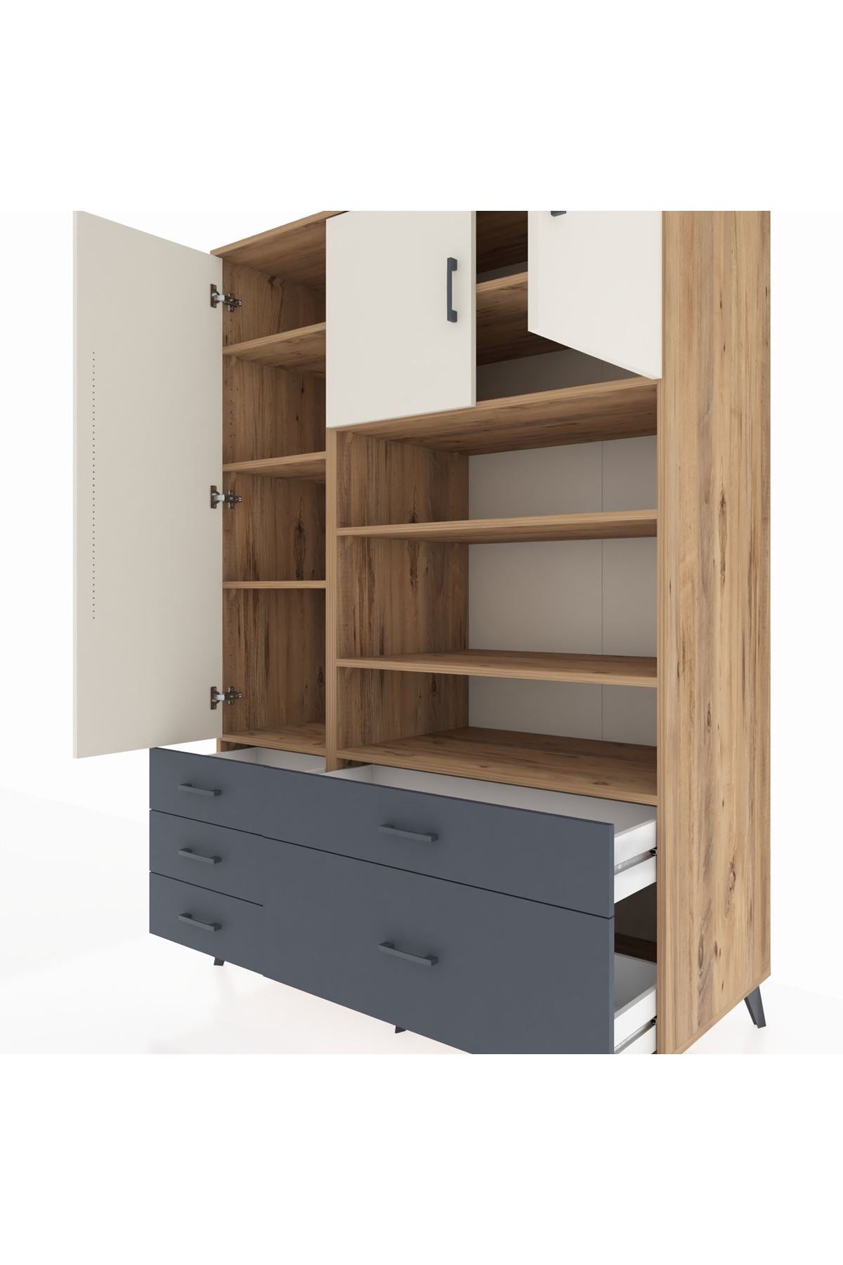 Kronos Dolap 9 Raflı 5 Çekmeceli 3 Kapaklı 132x59x195 Çam-Aytaşı/Antrasit