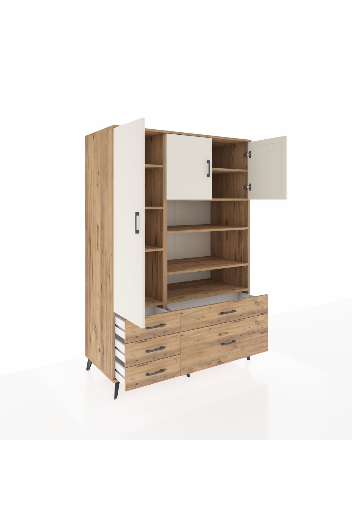 Kronos Dolap 9 Raflı 5 Çekmeceli 3 Kapaklı 132x59x195 Çam-Aytaşı/Çam