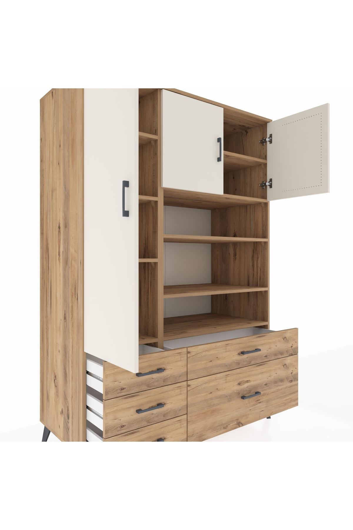 Kronos Dolap 9 Raflı 5 Çekmeceli 3 Kapaklı 132x59x195 Çam-Aytaşı/Çam