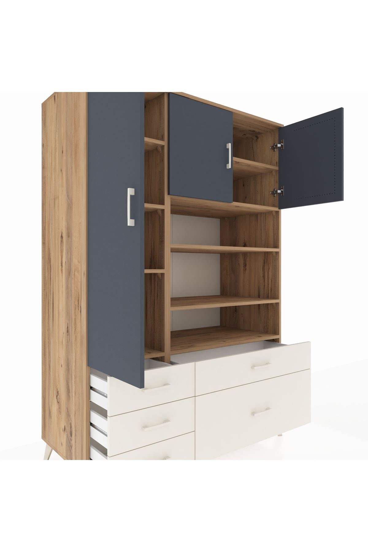 Kronos Dolap 9 Raflı 5 Çekmeceli 3 Kapaklı 132x59x195 Çam-Antrasit/Aytaşı