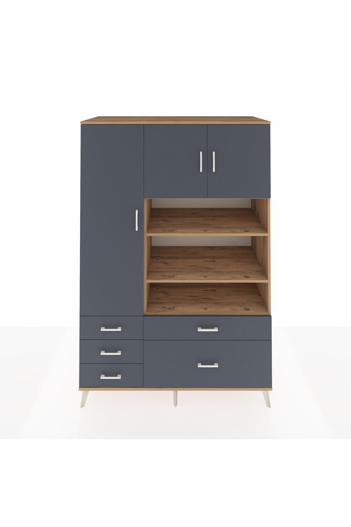 Kronos Dolap 9 Raflı 5 Çekmeceli 3 Kapaklı 132x59x195 Çam-Antrasit/Antrasit