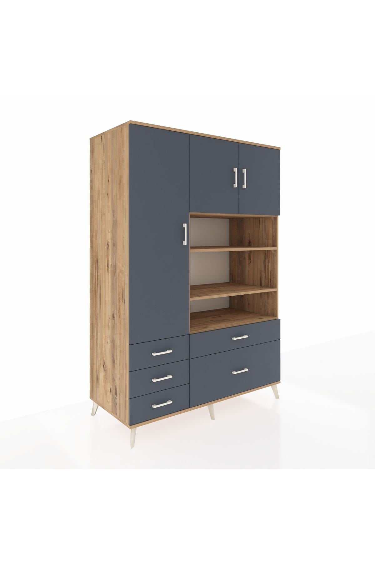 Kronos Dolap 9 Raflı 5 Çekmeceli 3 Kapaklı 132x59x195 Çam-Antrasit/Antrasit