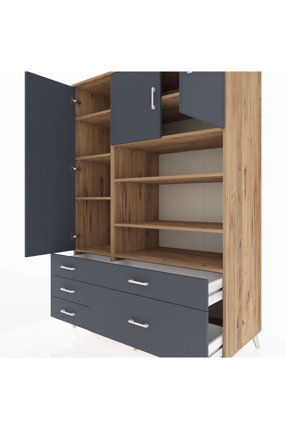 Kronos Dolap 9 Raflı 5 Çekmeceli 3 Kapaklı 132x59x195 Çam-Antrasit/Antrasit