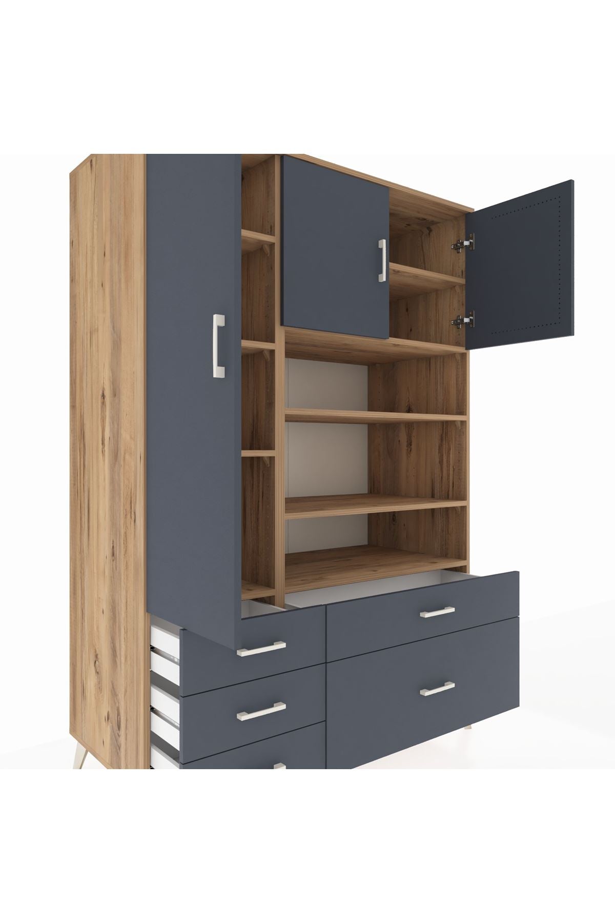 Kronos Dolap 9 Raflı 5 Çekmeceli 3 Kapaklı 132x59x195 Çam-Antrasit/Antrasit