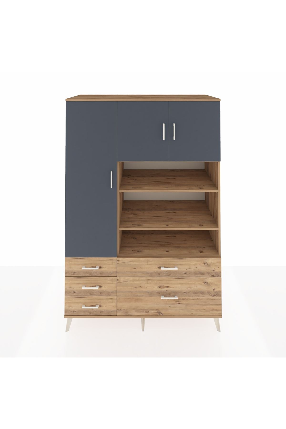 Kronos Dolap 9 Raflı 5 Çekmeceli 3 Kapaklı 132x59x195 Çam-Antrasit/Çam