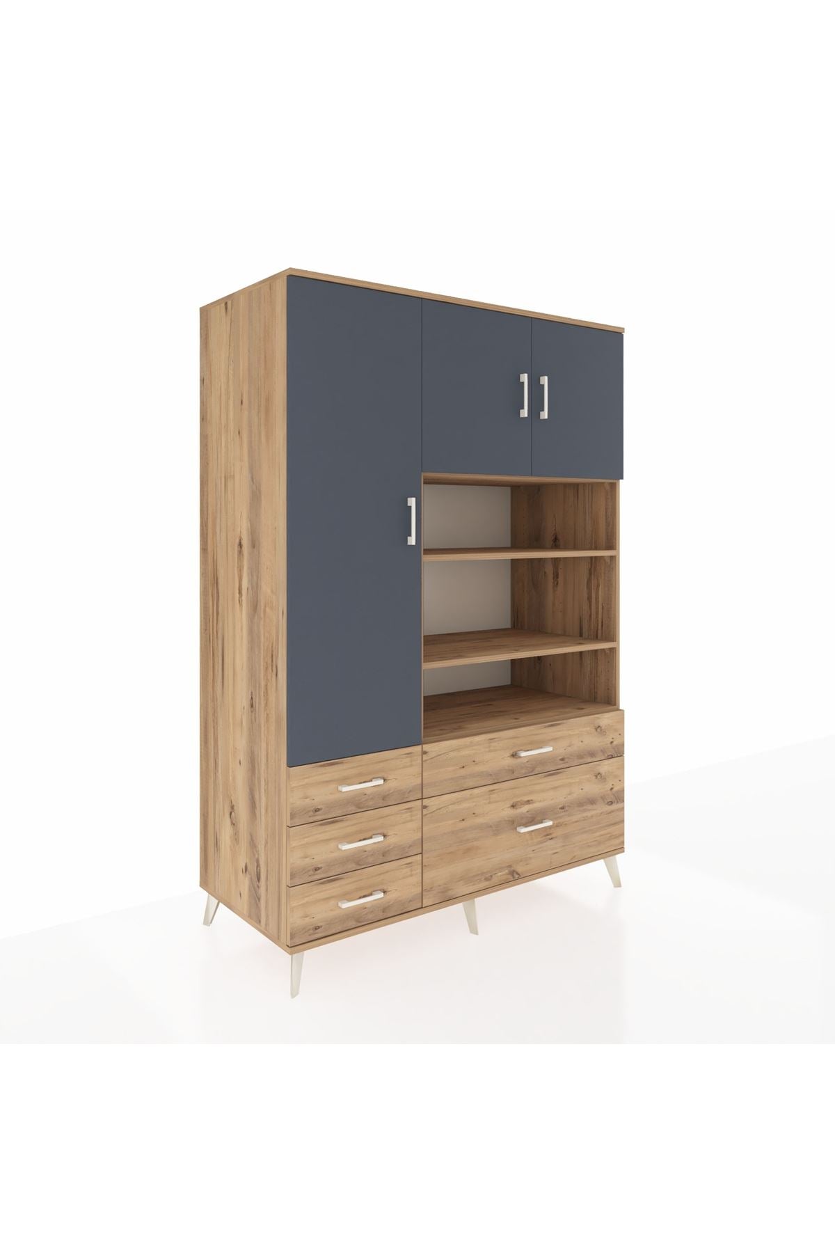 Kronos Dolap 9 Raflı 5 Çekmeceli 3 Kapaklı 132x59x195 Çam-Antrasit/Çam