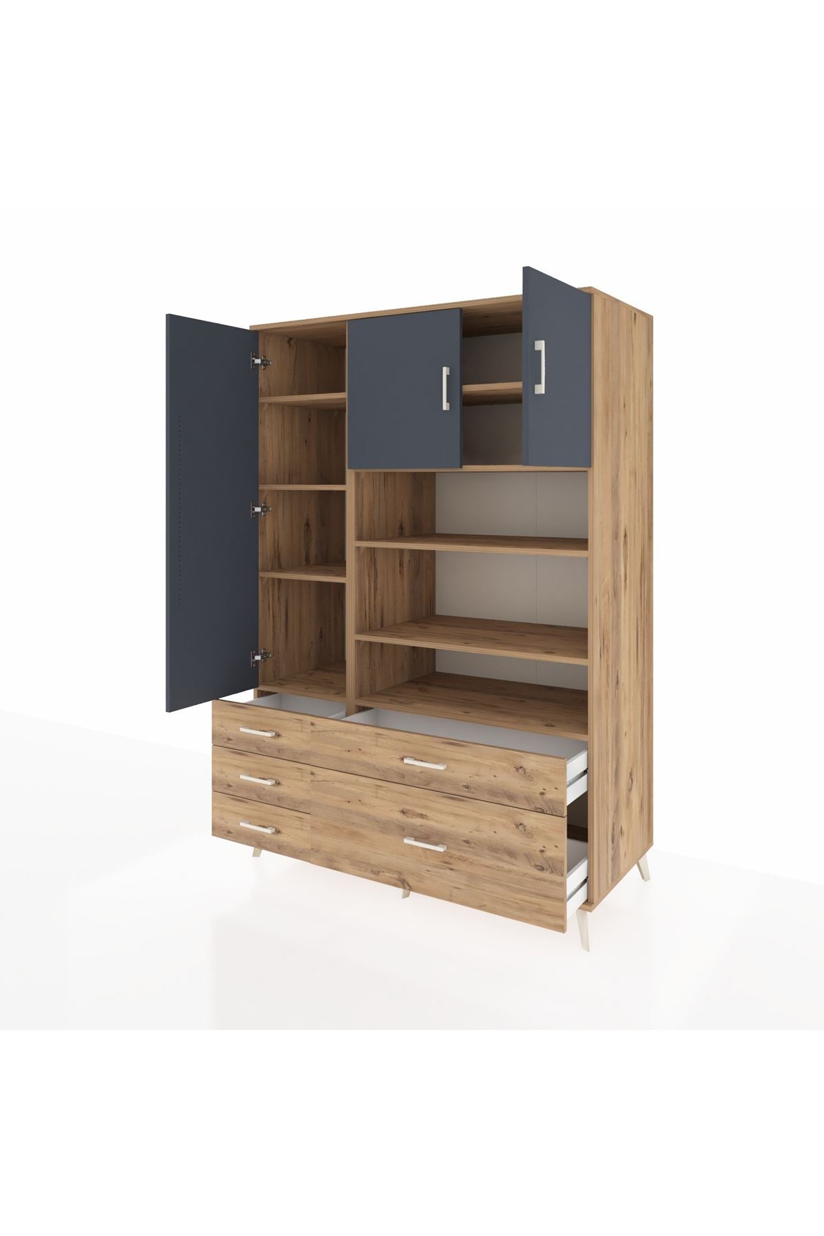 Kronos Dolap 9 Raflı 5 Çekmeceli 3 Kapaklı 132x59x195 Çam-Antrasit/Çam