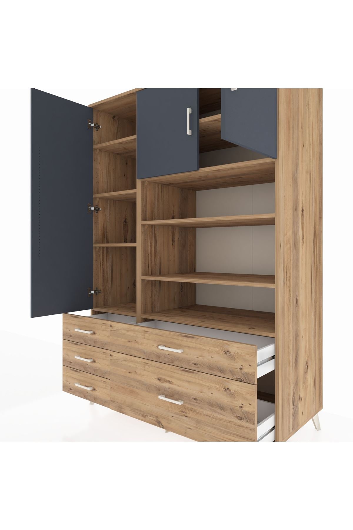 Kronos Dolap 9 Raflı 5 Çekmeceli 3 Kapaklı 132x59x195 Çam-Antrasit/Çam