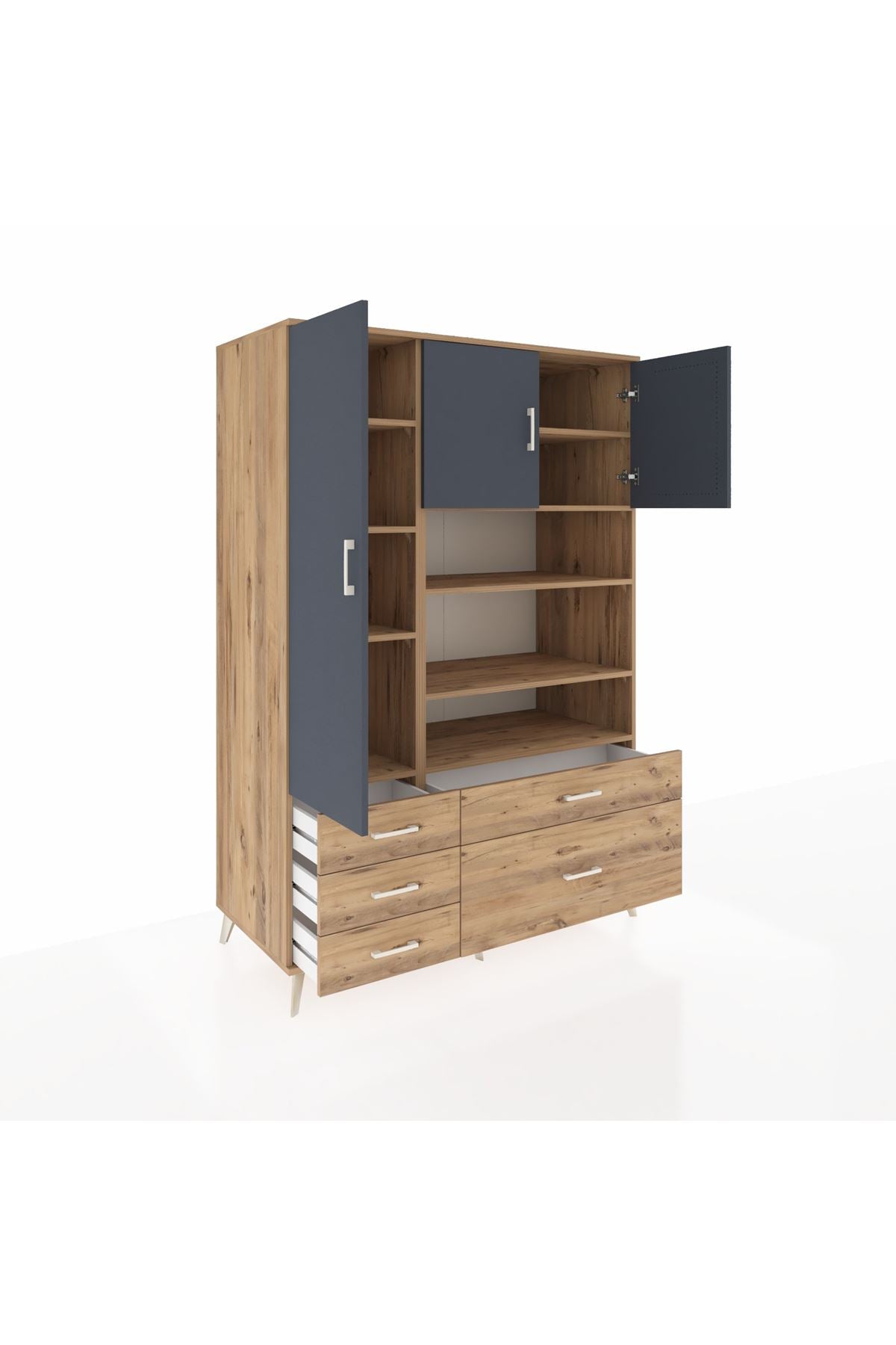 Kronos Dolap 9 Raflı 5 Çekmeceli 3 Kapaklı 132x59x195 Çam-Antrasit/Çam