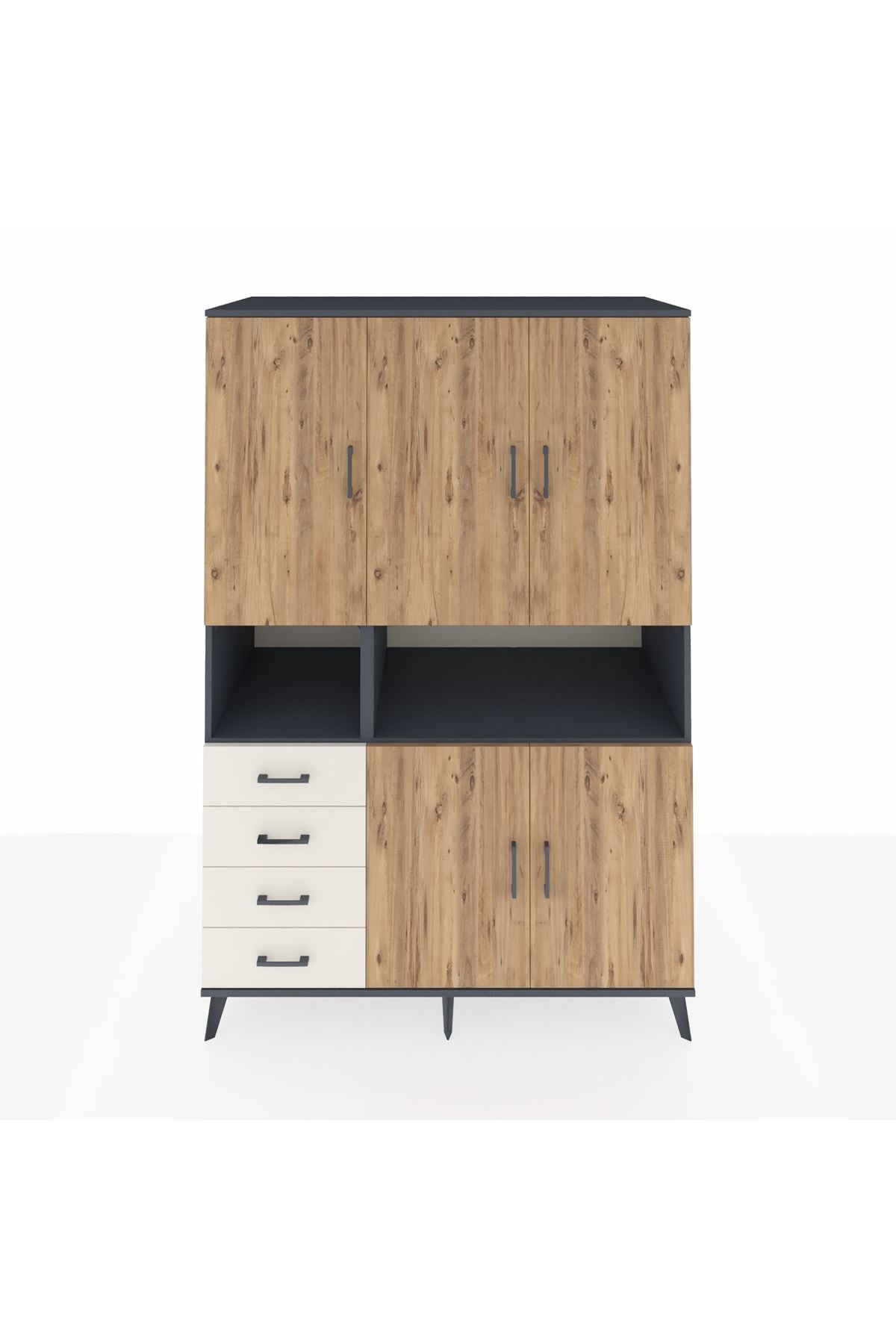 Kronos Dolap 7 Raflı 4 Çekmeceli 5 Kapaklı 132x59x195 Antrasit-Çam/Aytaşı