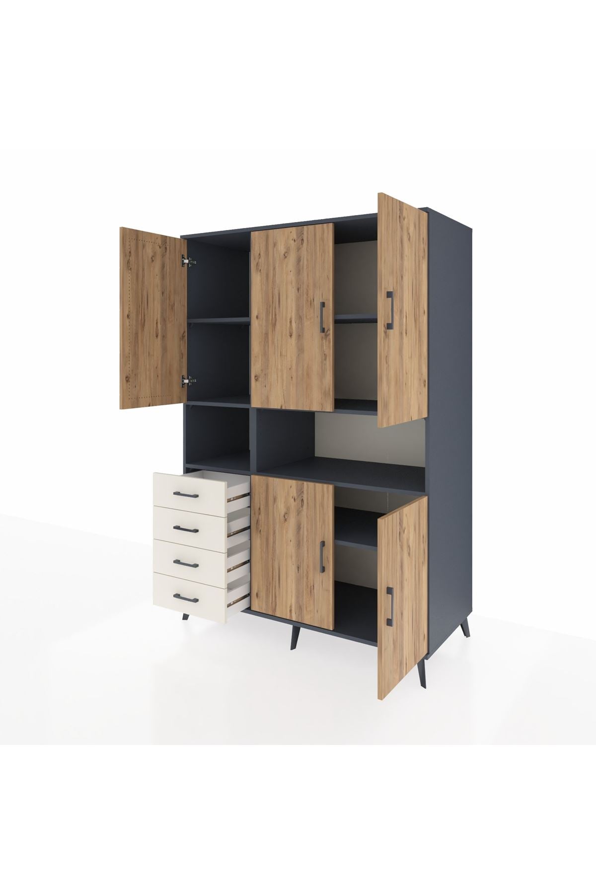 Kronos Dolap 7 Raflı 4 Çekmeceli 5 Kapaklı 132x59x195 Antrasit-Çam/Aytaşı