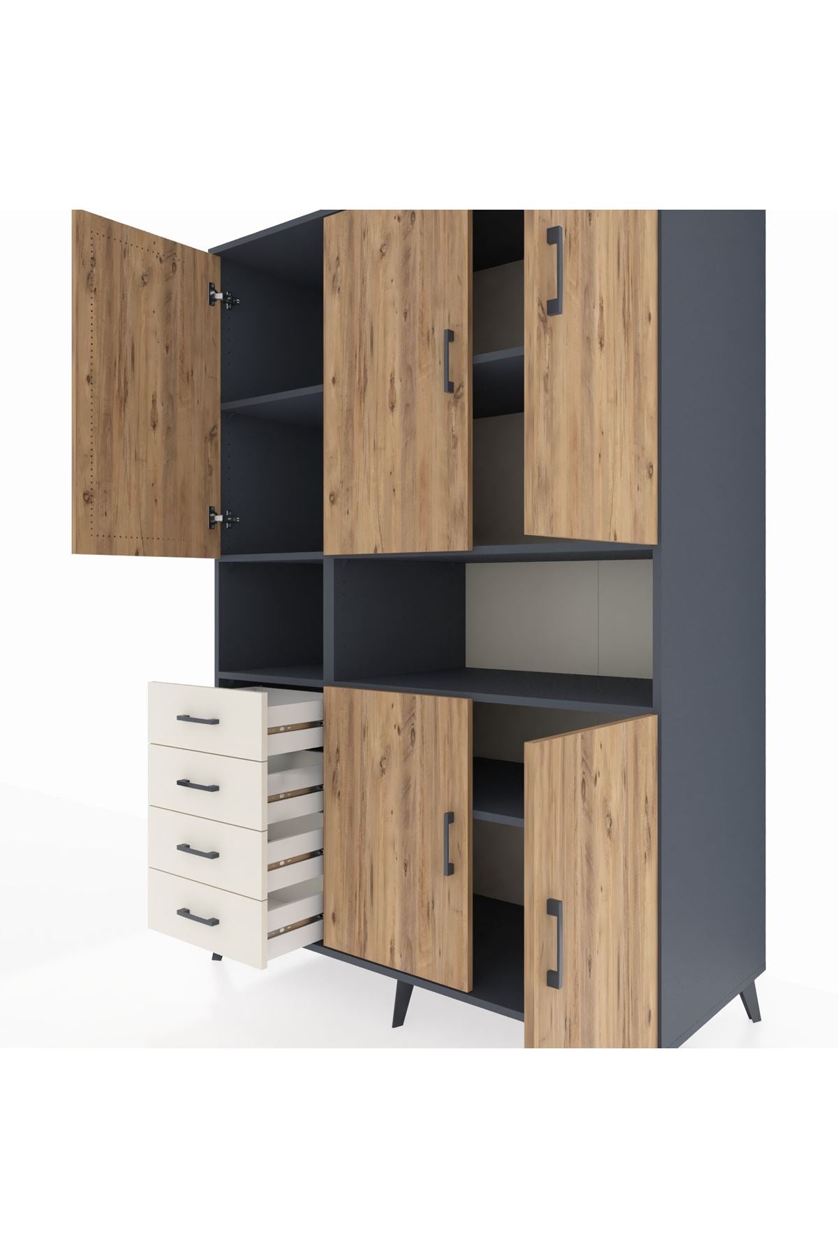 Kronos Dolap 7 Raflı 4 Çekmeceli 5 Kapaklı 132x59x195 Antrasit-Çam/Aytaşı