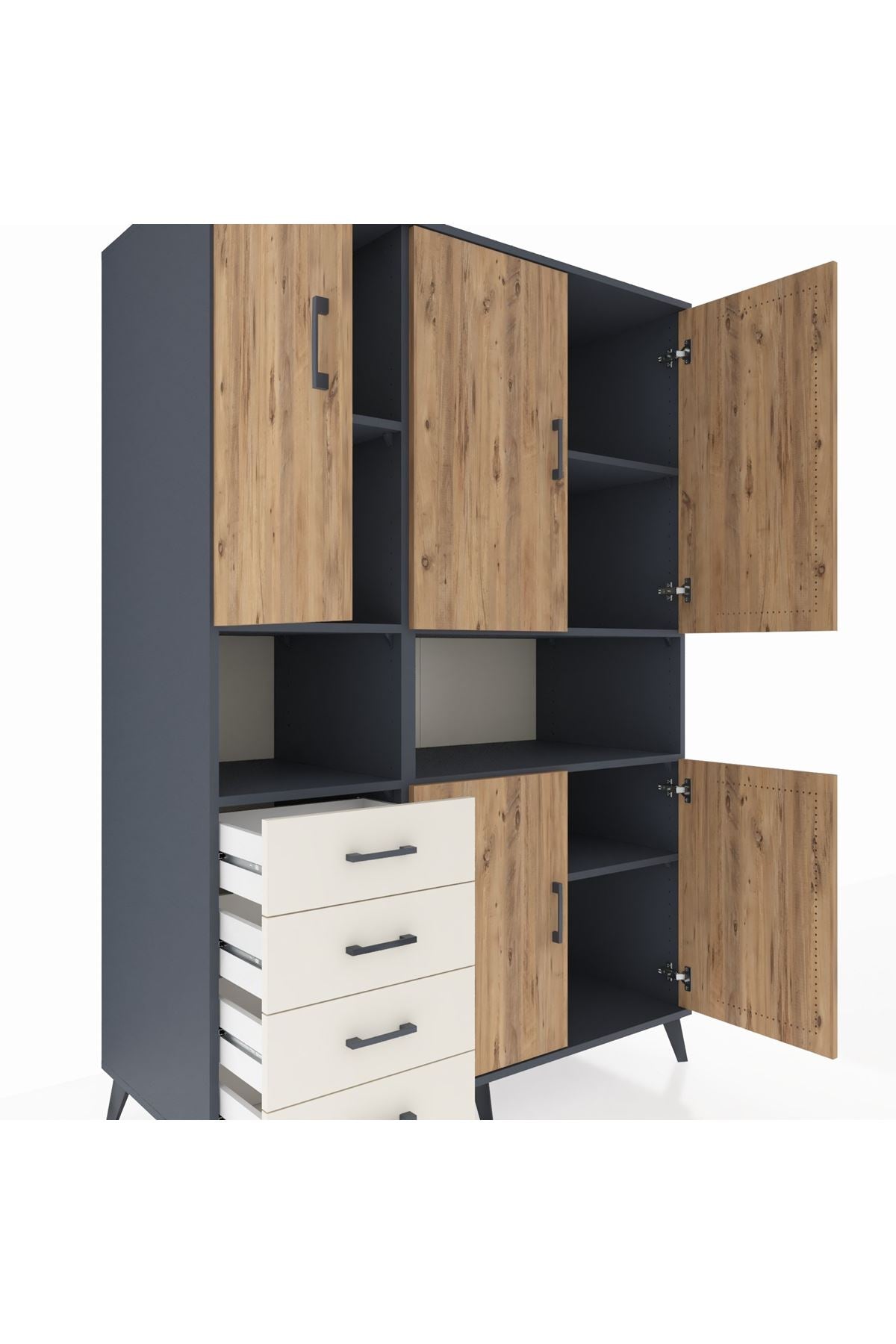 Kronos Dolap 7 Raflı 4 Çekmeceli 5 Kapaklı 132x59x195 Antrasit-Çam/Aytaşı