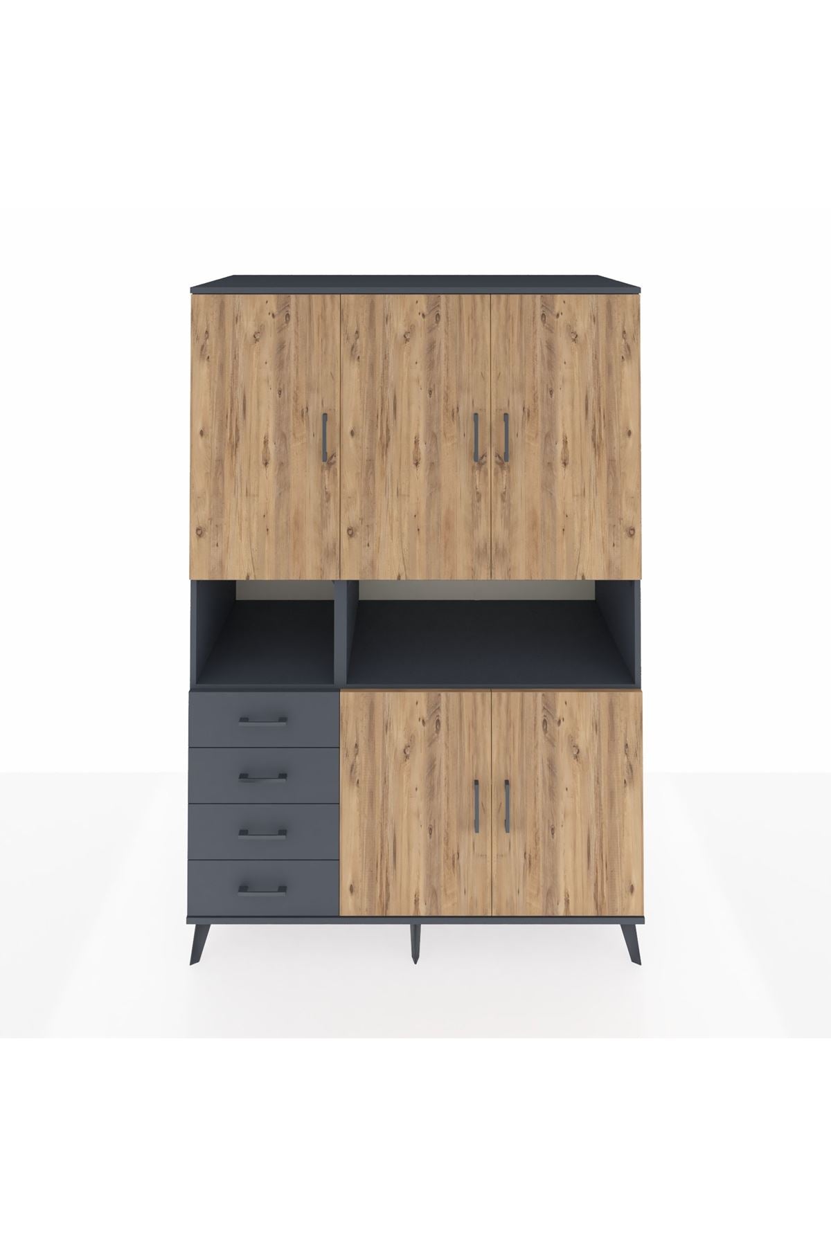 Kronos Dolap 7 Raflı 4 Çekmeceli 5 Kapaklı 132x59x195 Antrasit-Çam/Antrasit