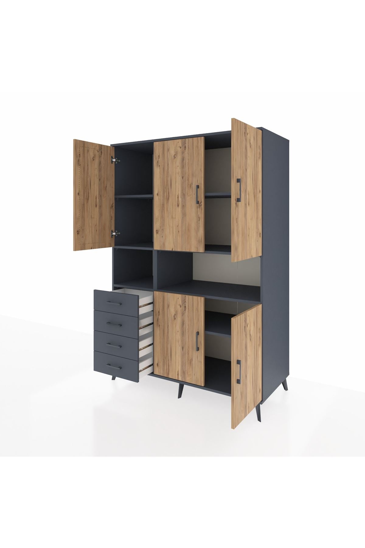 Kronos Dolap 7 Raflı 4 Çekmeceli 5 Kapaklı 132x59x195 Antrasit-Çam/Antrasit