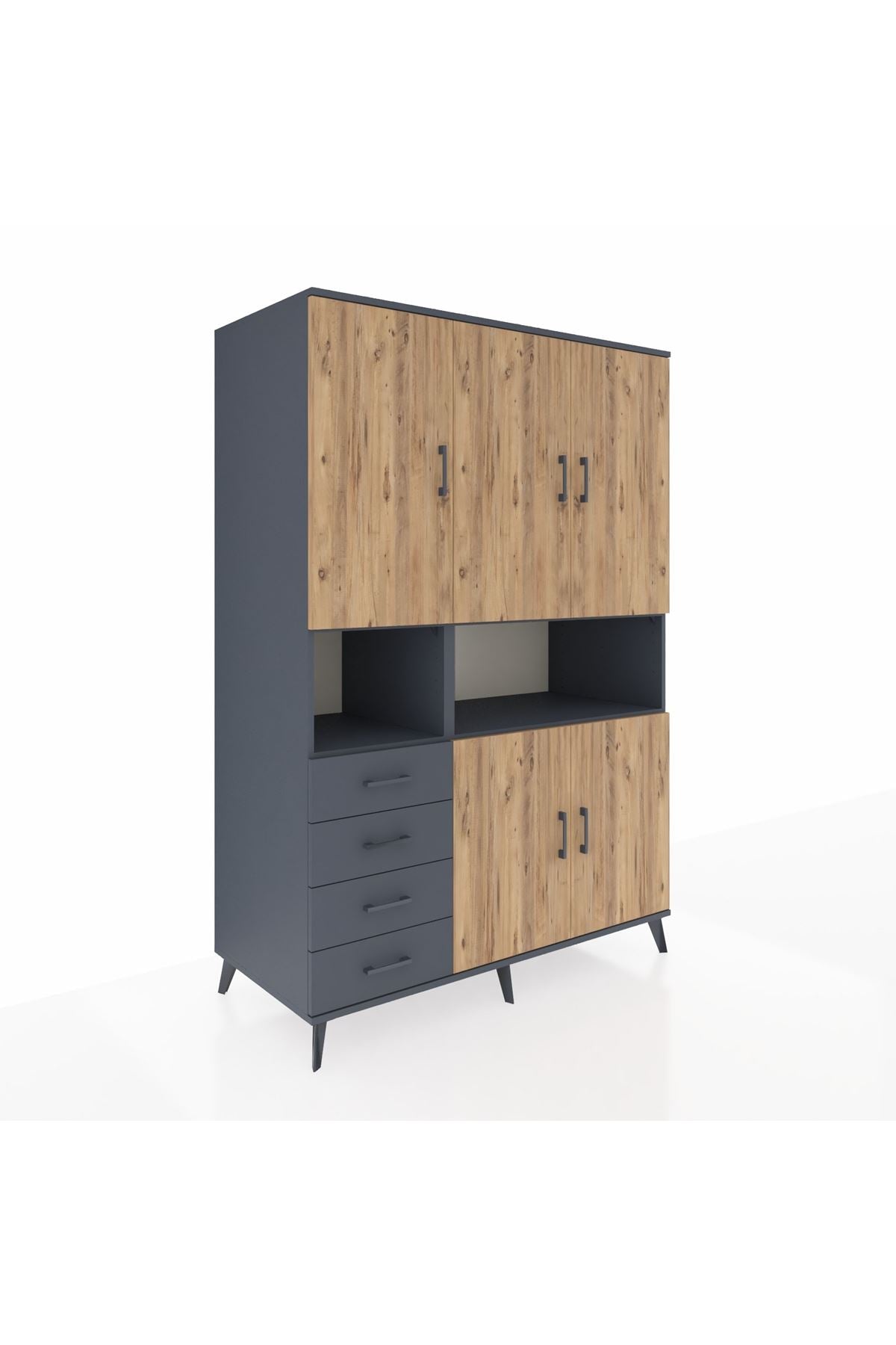 Kronos Dolap 7 Raflı 4 Çekmeceli 5 Kapaklı 132x59x195 Antrasit-Çam/Antrasit