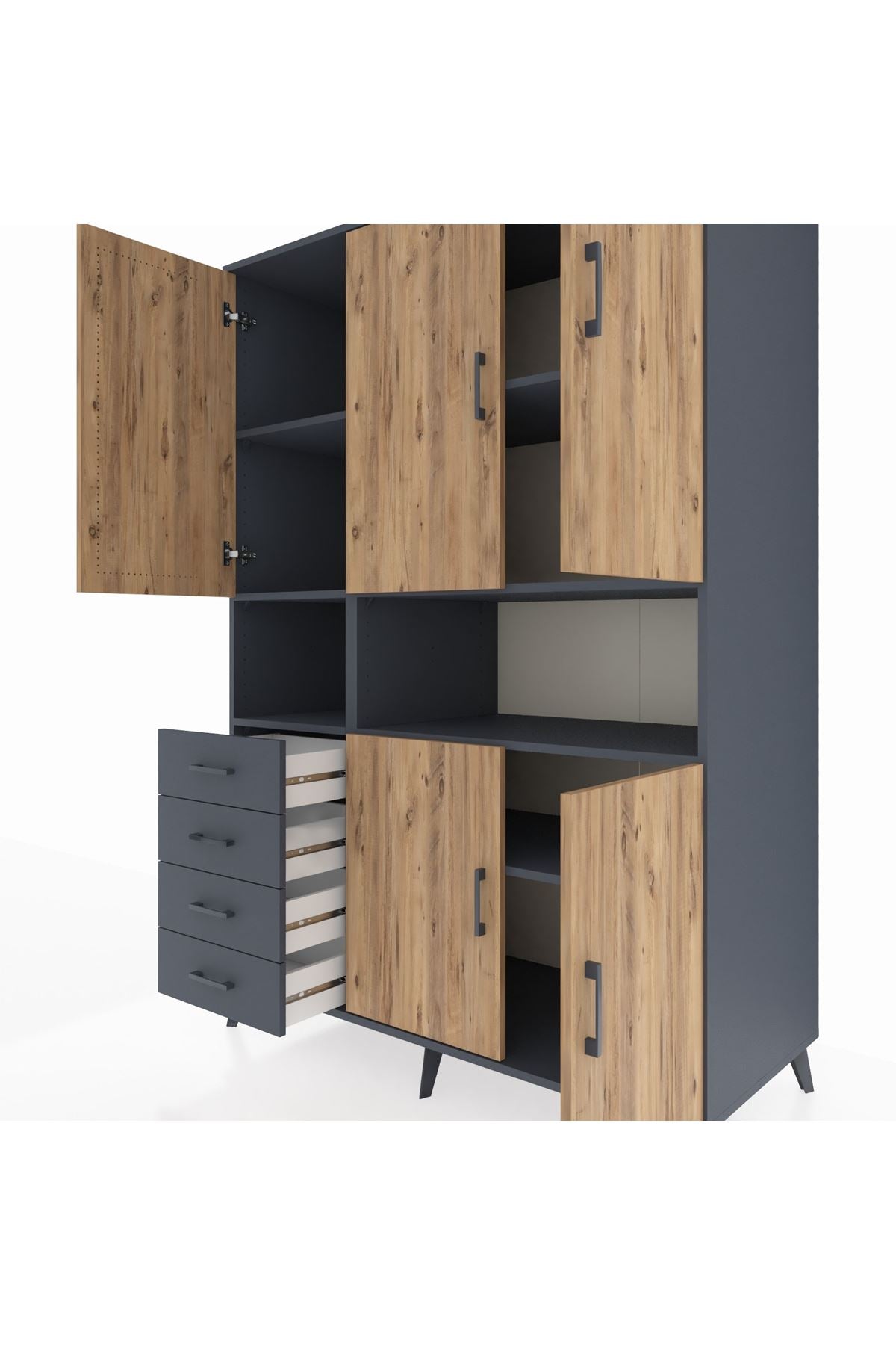 Kronos Dolap 7 Raflı 4 Çekmeceli 5 Kapaklı 132x59x195 Antrasit-Çam/Antrasit