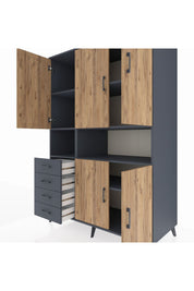 Kronos Dolap 7 Raflı 4 Çekmeceli 5 Kapaklı 132x59x195 Antrasit-Çam/Antrasit