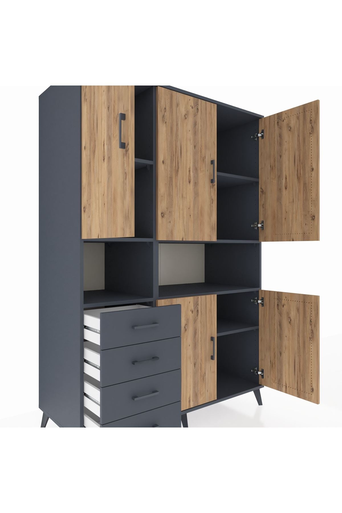 Kronos Dolap 7 Raflı 4 Çekmeceli 5 Kapaklı 132x59x195 Antrasit-Çam/Antrasit